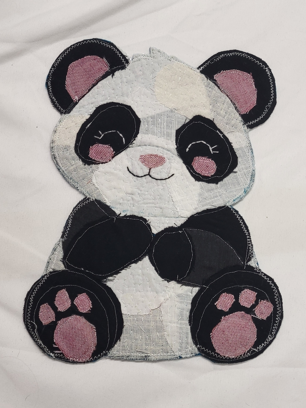Handmade Panda Iron On Patch Applique Scrap Fabric Embroidered Upcycled Folk Art